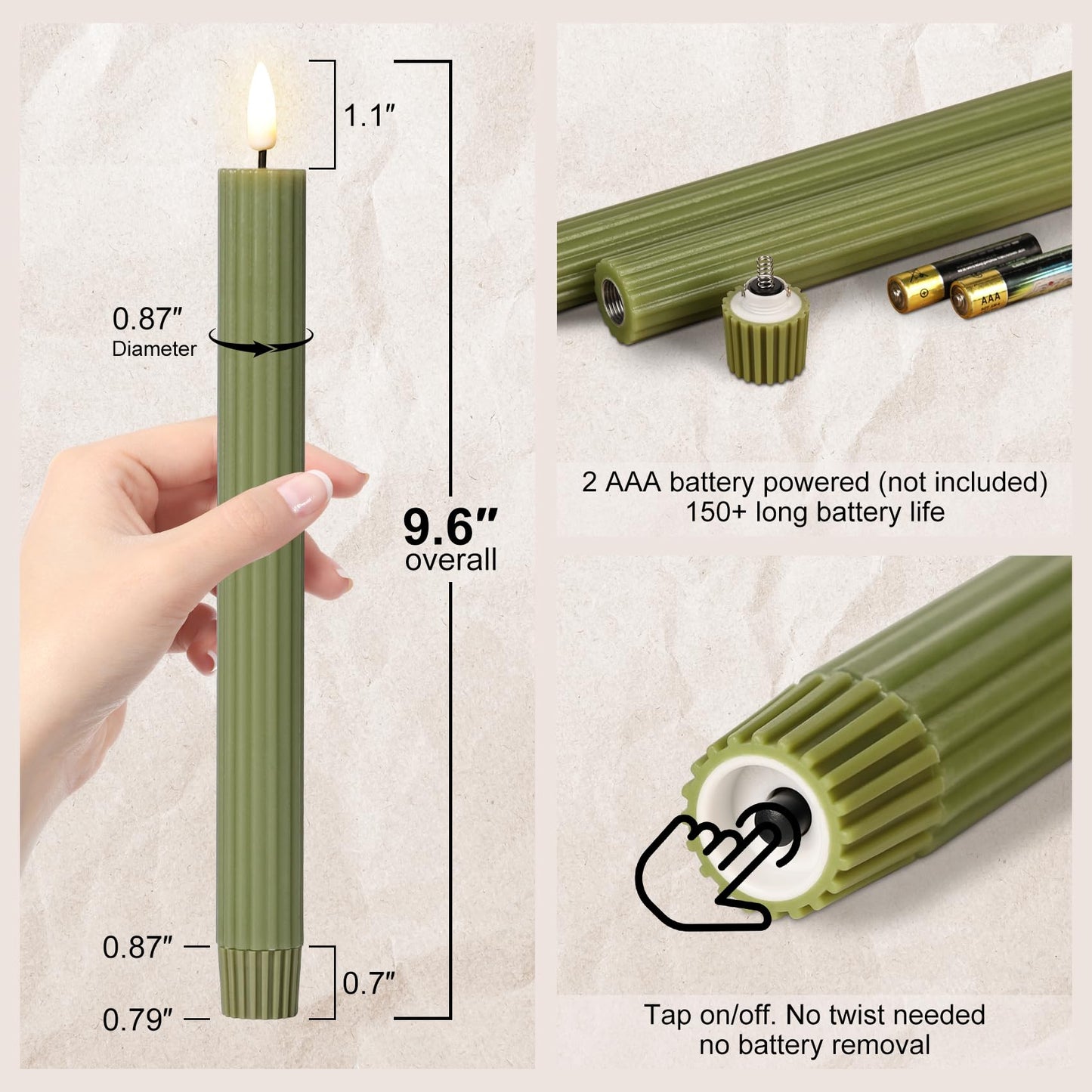 Girimax Olive Green Ribbed Fluted Flameless Taper Candles with Remote, Flickering Battery LED Wax Candlesticks Wedding Home Decor Set of 4