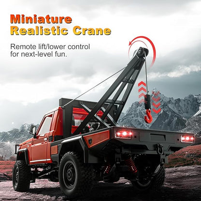 MN-82T RC Rock Crawler 1:12 Scale 4WD Upgraded RC Truck with Crane Hook 2.4Ghz Off Road Toy Pickup Truck with Lights All Terrain Wrecker Vehicle for Teen Adults (Red)
