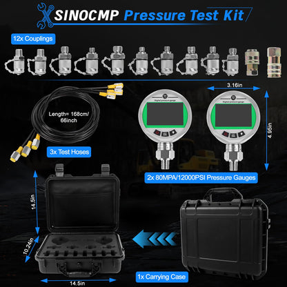 SINOCMP Digital Pressure Gauge Kit with 2 80MPA/12000PSI Pressure Gauges 3 Test Hoses and 12 Couplings Hydraulic Gas Water Pressure Test Kit with Backlight, 1 Year Warranty