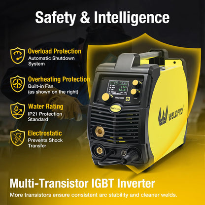 Weldpro 200A MIG Welder, 110V/220V Flux Core MIG Welder/MMA/TIG/Stick 5 in 1 Welding Machine with Spot Timer, IGBT Inverter Portable Gasless Welder Equipment, Aluminum Spool Gun Compatible