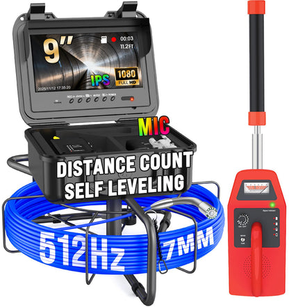 Sewer Camera 200FT with Locator and Receiver Sets with Distance Count, Self-Leveling, 512Hz Sonde IP68 Waterproof Cam, 9" Pipe Drain Inspection with 12pcs Light, DVR with 32GB Card, 7mm Cable