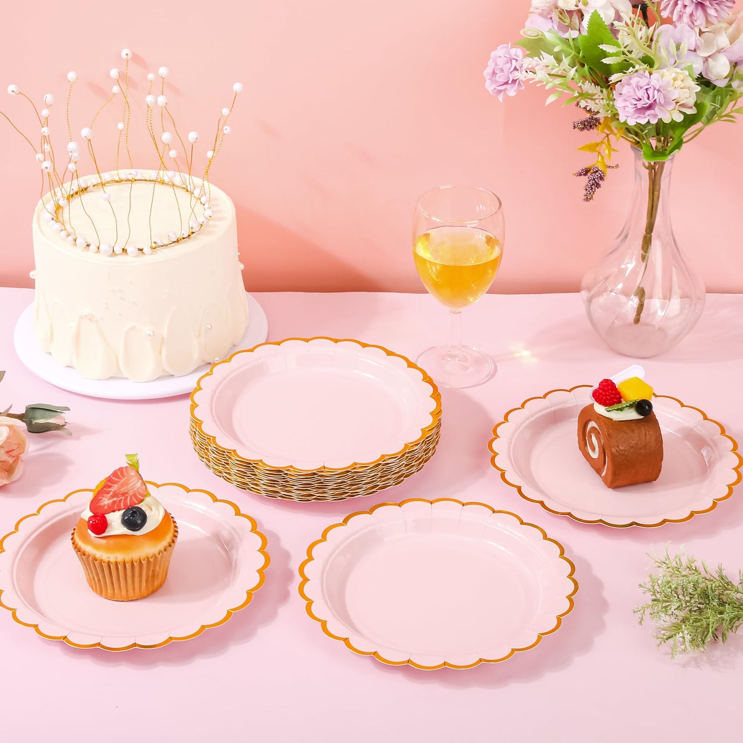 AimFun Pink Disposable Dessert Party Plates 7inch Gold Foil Scalloped Paper Plate for Valentines Day Bridal Baby Shower Wedding Tea Party Supplies