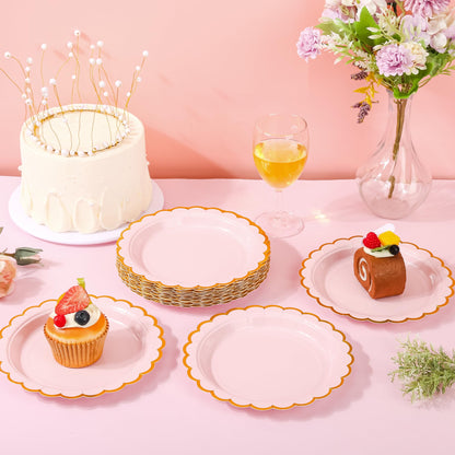 AimFun Pink Disposable Dessert Party Plates 7inch Gold Foil Scalloped Paper Plate for Valentines Day Bridal Baby Shower Wedding Tea Party Supplies