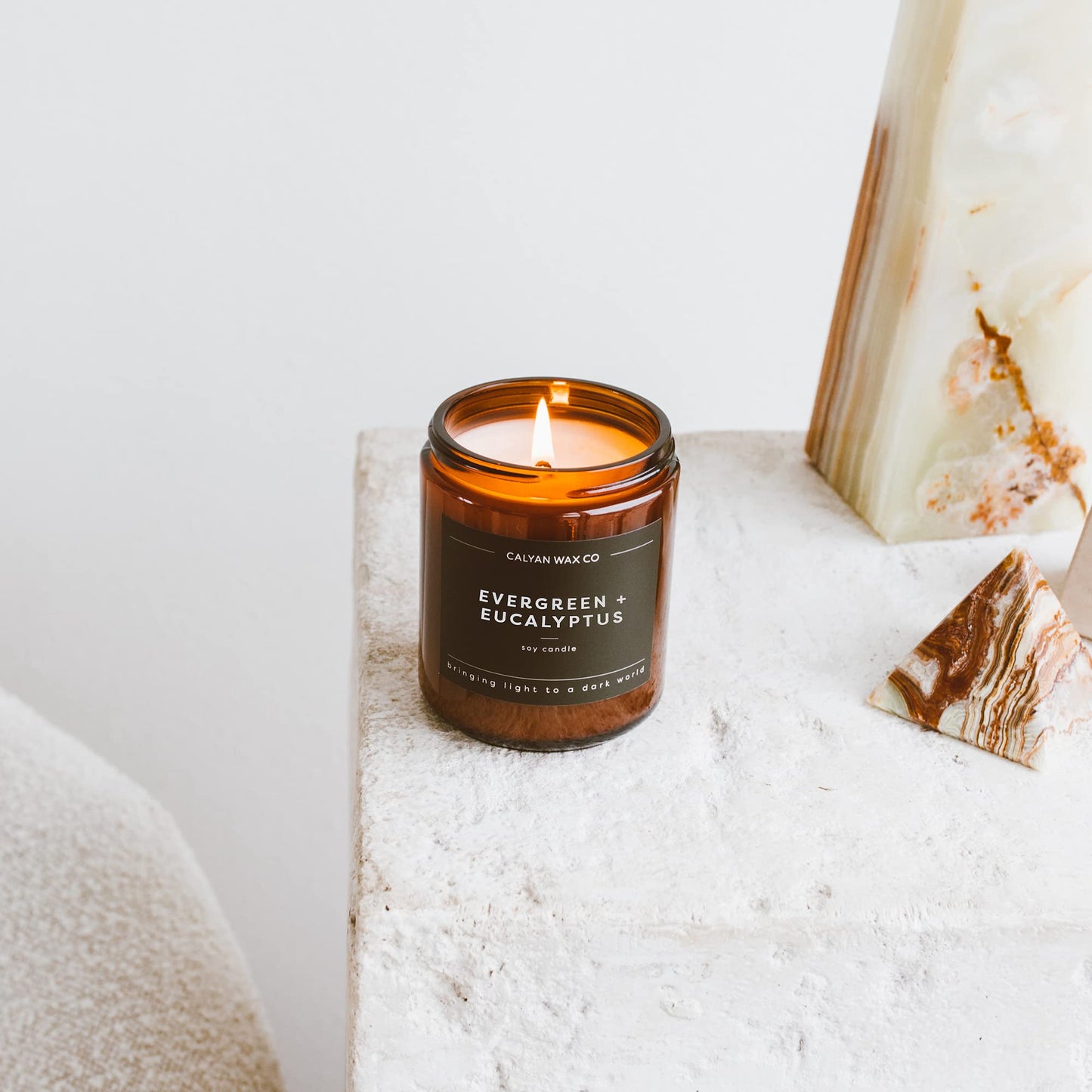 Calyan Wax Co. Evergreen & Eucalyptus Scented Candle - 57 Hour Burn - Luxury Clean Soy Wax Candles - Long Lasting Amber Glass Jar Candle for Home - 7.2oz
