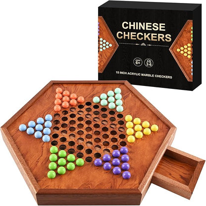 Large Chinese Checkers Upgraded Version Wooden Game Board 16mm 60+12 Colorful Acrylic Marbles Easy Grasping for Adults and Kids with Storage Drawer Fun for Family Gathering (15in.)