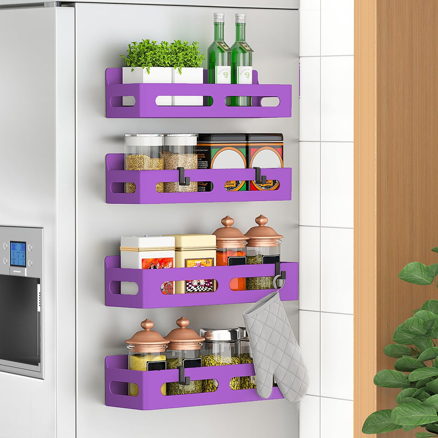 4 Pack Magnetic Spice Rack for Refrigerator, Spice Rack Organizer, Moveable Magnetic Shelf Fridge Organizer with 4 Hooks for Kitchen and Oven Organization, Black