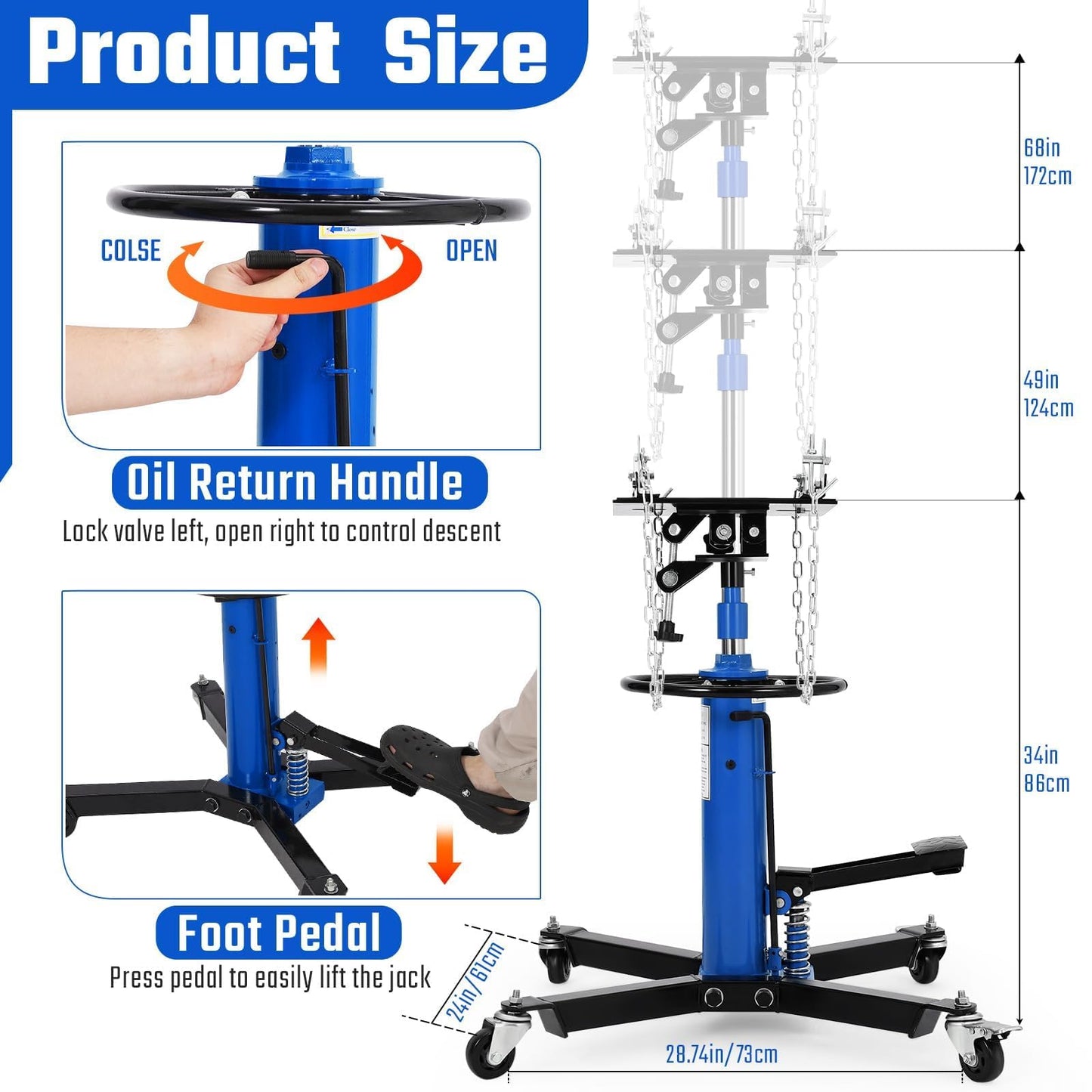 Transmission Jack, 1100 LBS Heavy Duty Hydraulic Telescoping Transmission Jack, 34"-68" High Lift with Foot Pedal, 360° Swivel Wheels, Blue