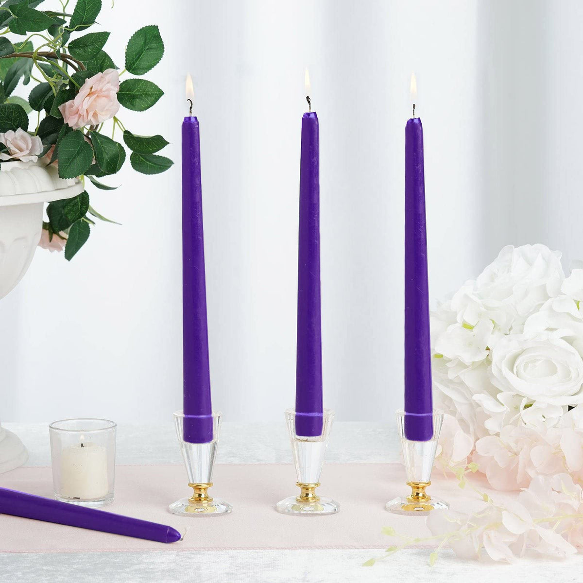 Tableclothsfactory 10" Tall Premium Quality Dripless Unscented Purple Taper Candles Wedding Dinner Candles for Wedding Decoration Set of 12