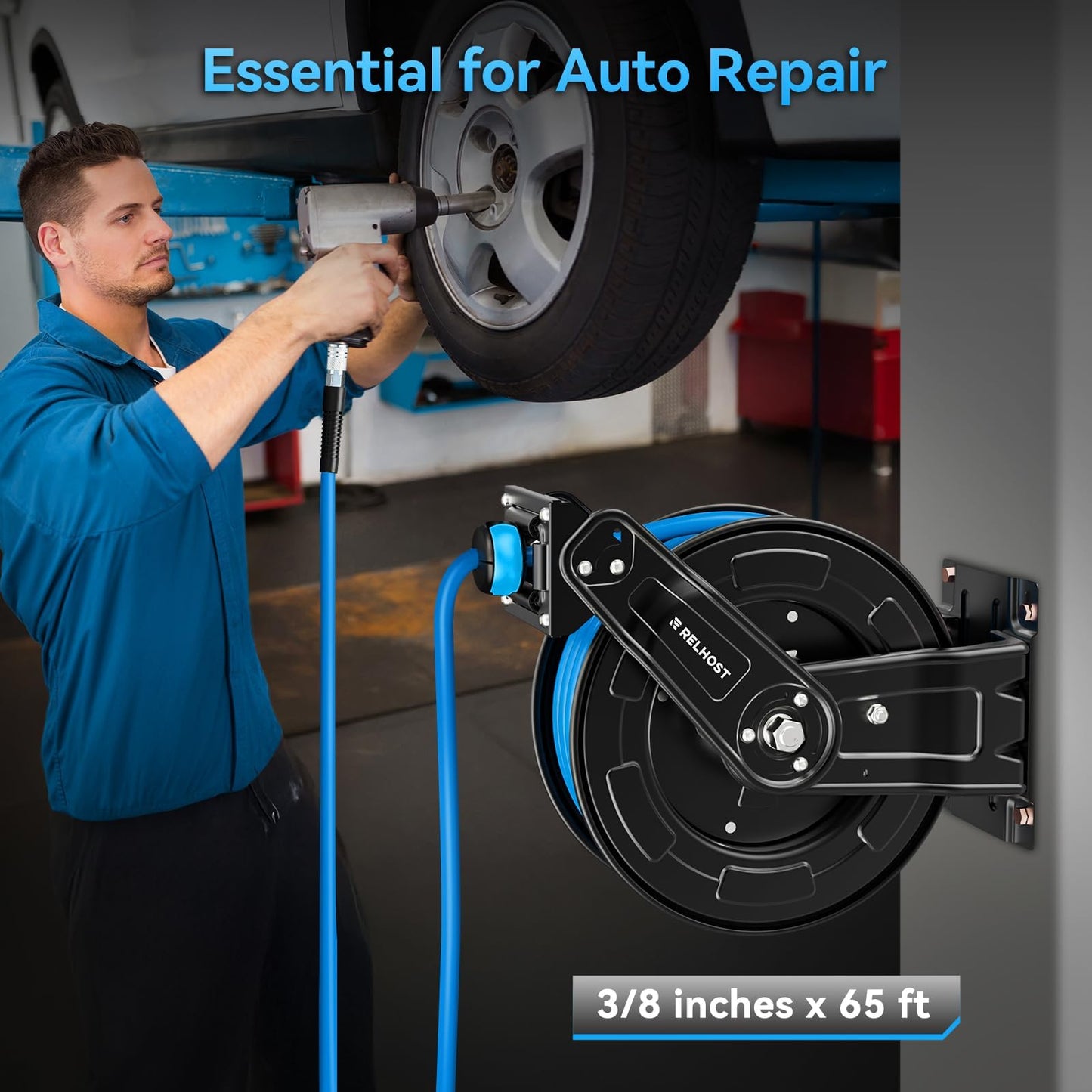 Retractable Air Hose Reel, 65ft x 3/8in Hybrid Air Hose (300PSI), Heavy Duty Compressor Hose Reel, Auto Rewind - Wall/Ceiling Mount for Workshops