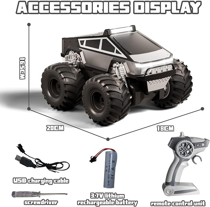 Amphibious Remote Control Car 1:18 RC Off-Road Monster Truck Toys for Boys4WD All Terrain Off-Road Pickup 2.4 GHz RC Vehicles Waterproof RC Trucks Christmas Birthday Gifts for Boy Girl (Grey)