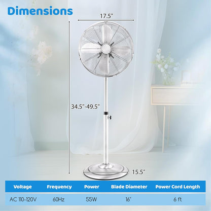 Tangkula 16-Inch Metal Pedestal Fan - Adjustable Height, 3 Speeds & 75° Oscillation for Home & Office