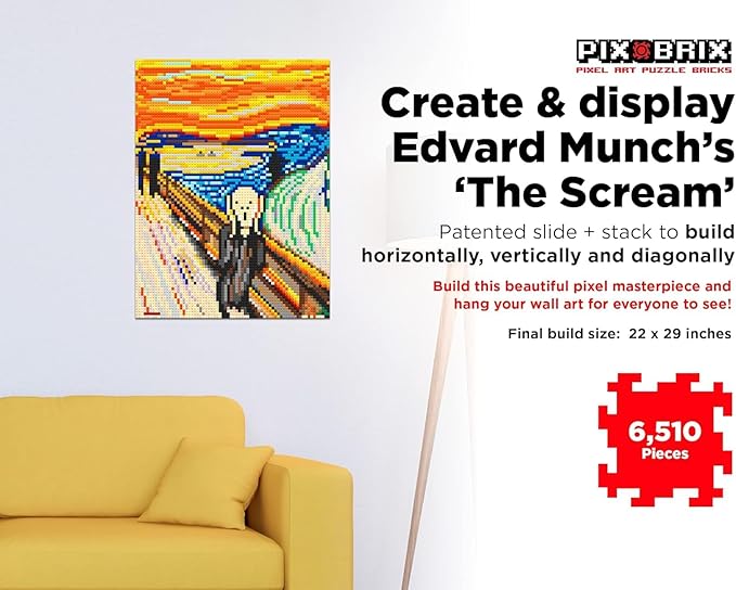Pix Brix Pixel Art Puzzle Bricks - Pixel Puzzle of The Scream by Edvard Munch 6510 Pieces - Patented Colorful Slide + Stack Building Bricks to Recreate This Famous Painting Builds Without Glue