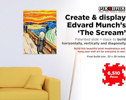 Pix Brix Pixel Art Puzzle Bricks - Pixel Puzzle of The Scream by Edvard Munch 6510 Pieces - Patented Colorful Slide + Stack Building Bricks to Recreate This Famous Painting Builds Without Glue