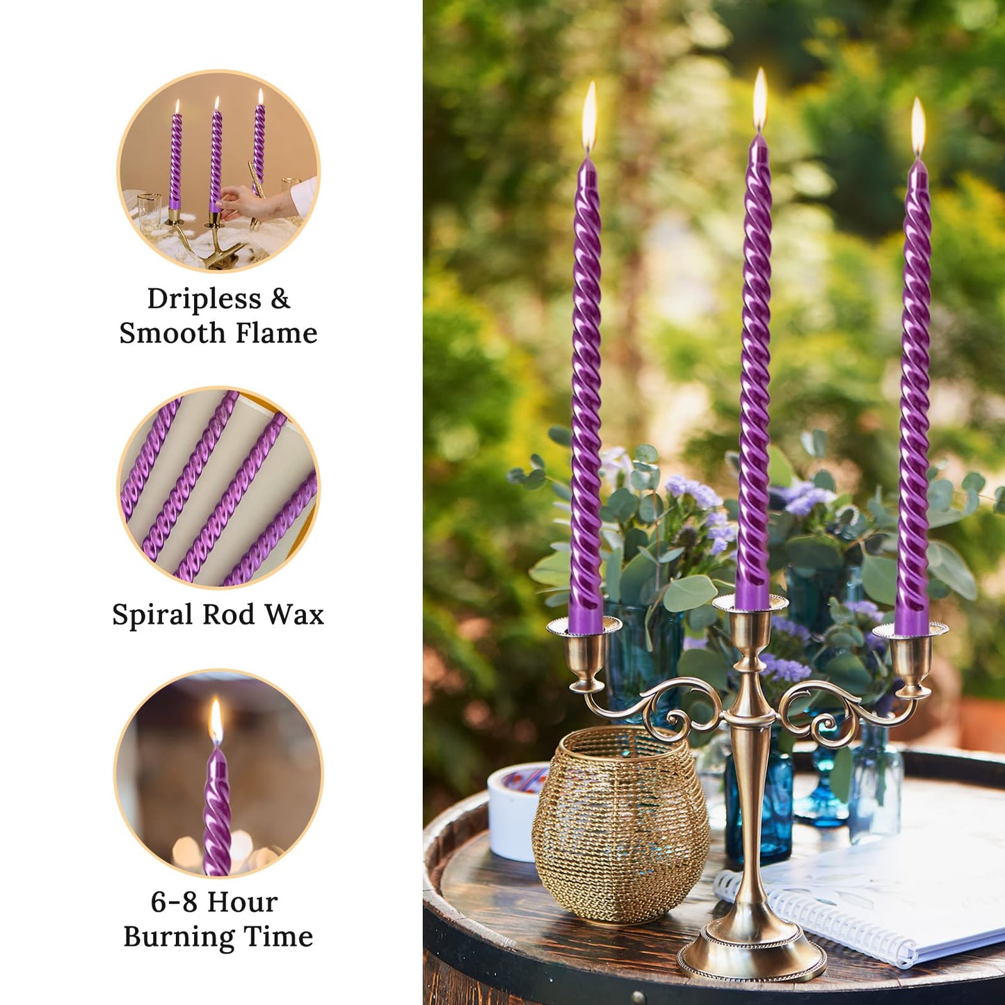 10 Inch Neon Purple Spiral Taper Candles Set for Dinner, Unscented Dripelss Candlesticks for Home Holiday Party Decoration