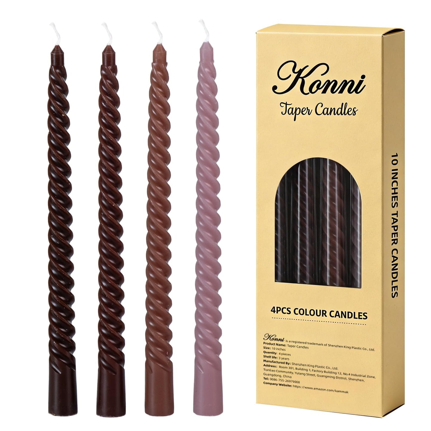 Coffee Spiral Taper Candles, 10 inch Gradient Twisted Candles,4 Pack Unscented and Smokeless Long Burning Candles with Cotton Wicks,Tall Candlesticks,Ideal for Weddings, Dinner Parties, and Home Décor