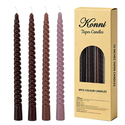 Coffee Spiral Taper Candles, 10 inch Gradient Twisted Candles,4 Pack Unscented and Smokeless Long Burning Candles with Cotton Wicks,Tall Candlesticks,Ideal for Weddings, Dinner Parties, and Home Décor