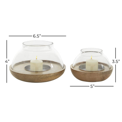 Deco 79 Wood Tealight Hurricane Lamp, Set of 2 4", 3"H, Brown