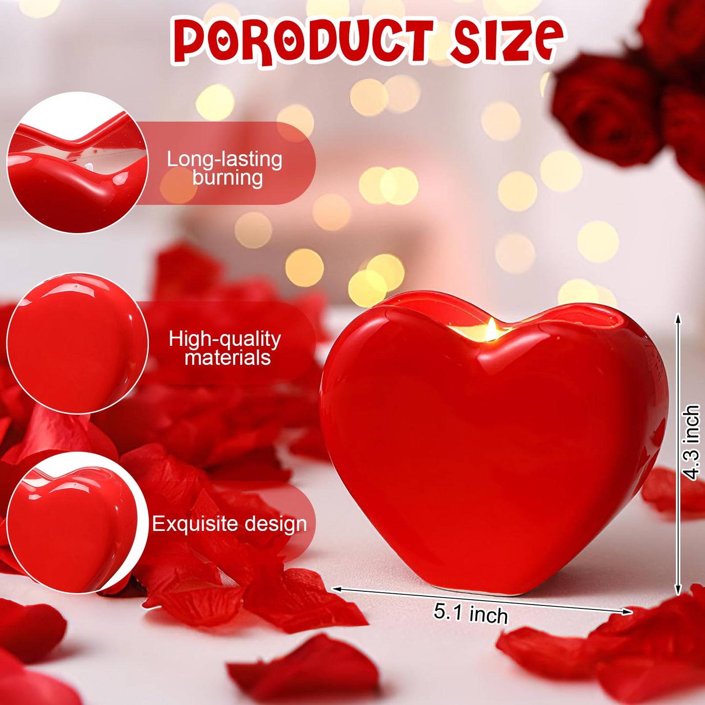 Vesici Valentine's Day Heart Candle Roses Scented Ceramic Love Heart Shape Candle Romantic Soy Wax Decor Holder Aromatherapy Candles for Valentines Day Anniversary Birthday Decor Gift (Red)