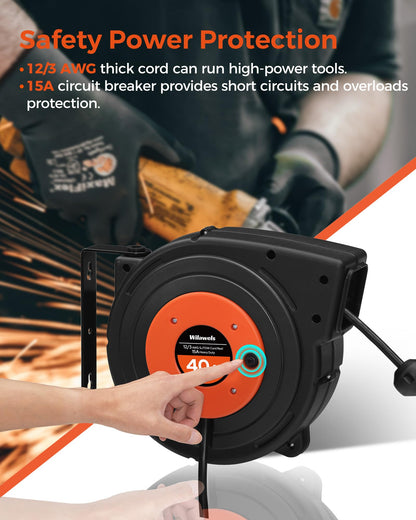 WILAWELS 50 FT 14AWG/3C SJTOW and 45 FT 12AWG/3C SJTOW Retractable Extension Cord Reel Bundle, Heavy Duty Power Cord, 3 Grounded Outlets Lighted Triple Tap, Y50CR06-B45CR06