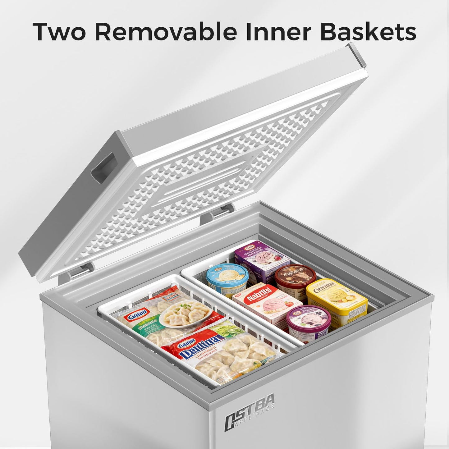 OSTBA 3.5 Cu.Ft Chest Freezer, Compact Deep Freezer with 2 Removable Baskets, Bottom Wheels, 6-Level Temperature Control with Fast Freeze Mode, Energy Saving Quiet Freezer, Silver