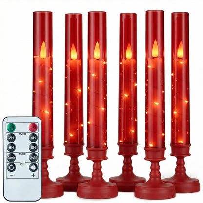 Prerish 6 PCS Flameless Candles with Timer, Flickering Flameless LED Pillar Candles for Romantic Ambiance with Embedded Star String, Acrylic Battery Perated Fake Candles for Home Decoration (Red)