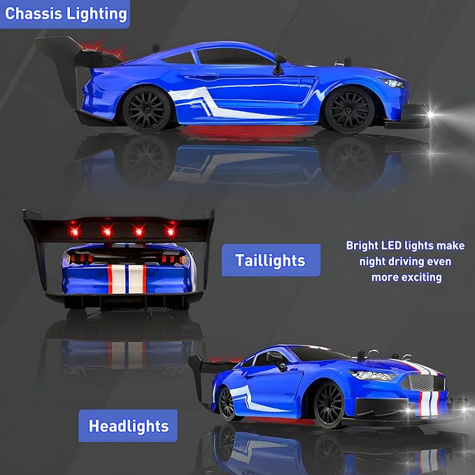 1:20 RC Drift Car for Kids4WD 2.4GHz 30KM/H High Speed Remote Control Car Racing Sport Toy Car with LED LightsDrifting Tires＆2 Batteries (Blue)