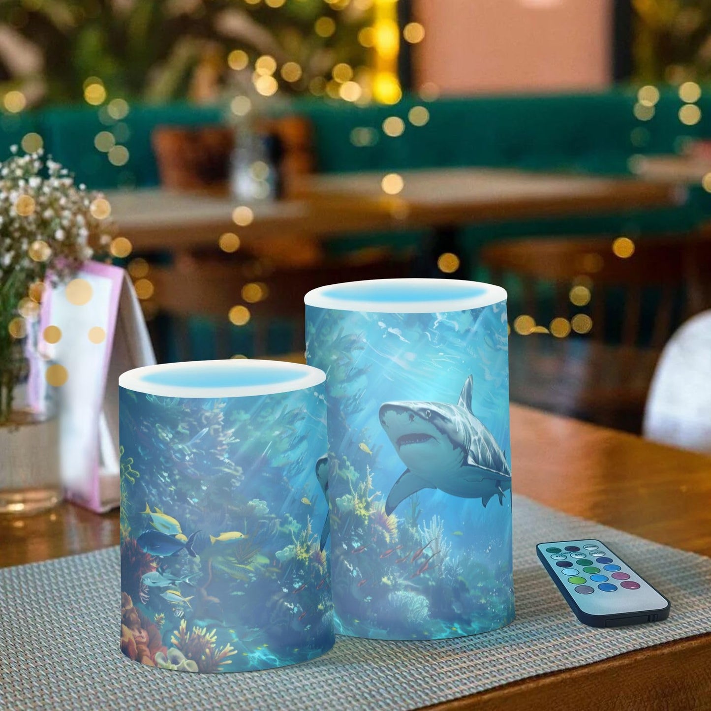 ALAZA Shark Ocean Flameless Candles, LED Pillar Candles with Remote Timer, Battery Operated Candles Set of 2
