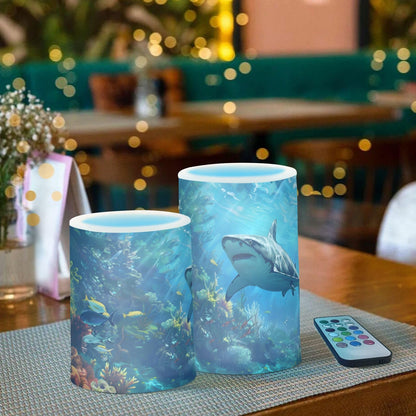 ALAZA Shark Ocean Flameless Candles, LED Pillar Candles with Remote Timer, Battery Operated Candles Set of 2