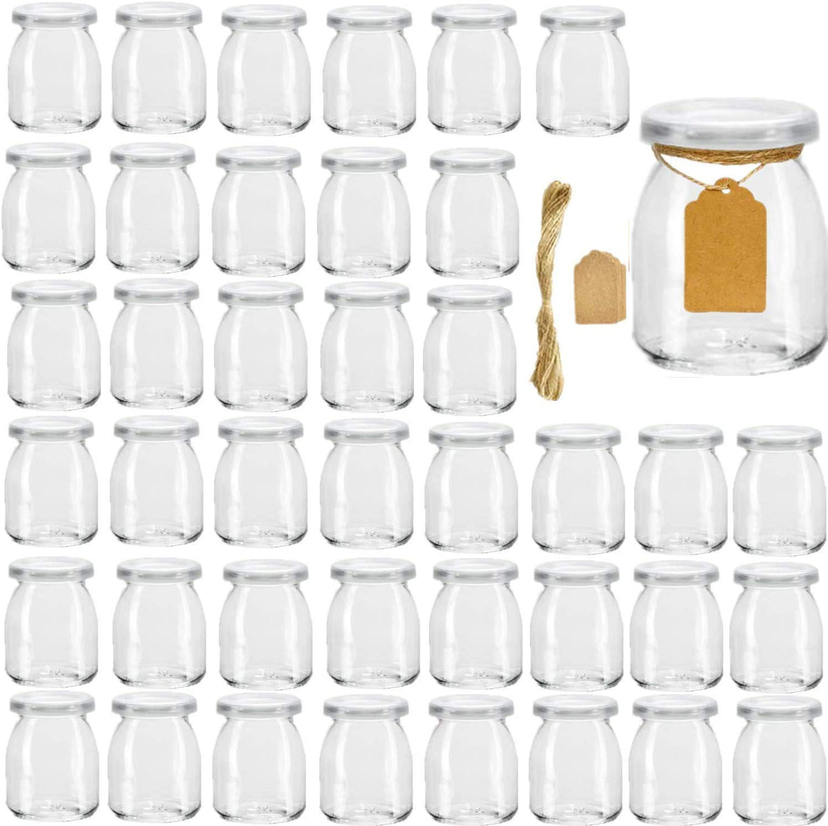 Encheng Glass Yogurt Container With Lids, 7 oz Clear Glass Jars With Lids(PE),Replacement Glass Pudding Yogurt Jars With Twine n Tag For Milk,Jams,Jelly,Mousse,Dishwaresafe 40 Pack