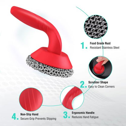 HAUSHOF Cast Iron Scrubber with Long Handle, Chainmail Scrubber Cast Iron Cleaner for Pan, Kitchen Cleaning Kit for Grill, Dutch, Oven