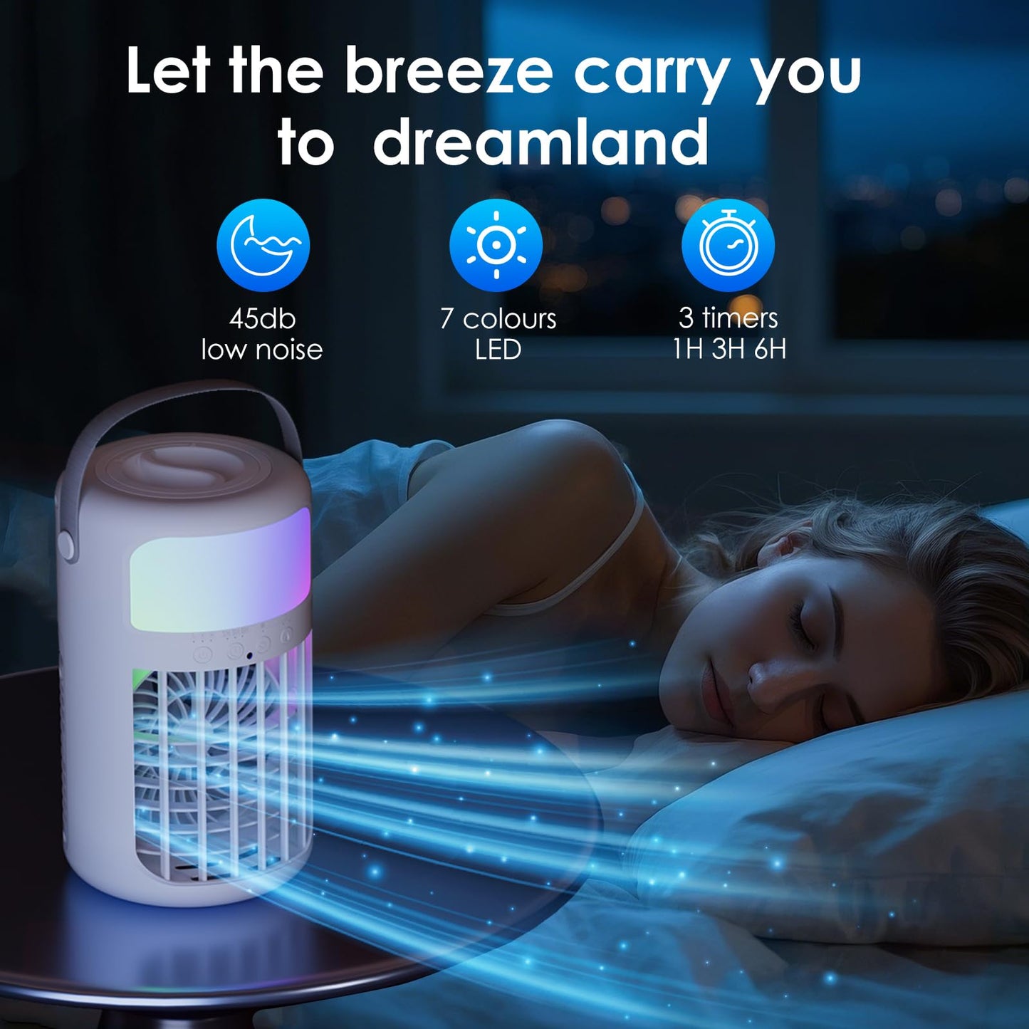 Portable Air Conditioners,air conditioner, 3-Speed Fan, 2-Speed Cold Fog,4 in 1 Humidifier, Air Conditioner,Fan,2 Atomising Nozzle, 7-Colour Led Light, Large Capacity 1500ml,Remote Control