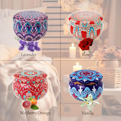Scented Candles Gift Set, 2.5 oz Aromatherapy Candles for Home, Portable Candles, Soy Wax Tin Jar Candles for Yoga, Bath Long Lasting Time Candles Gift for Women Lavender/Rose/Vanilla/Wolfberry Orange