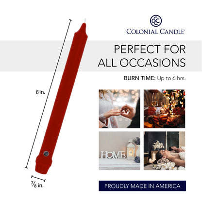 Colonial Candle Unscented Taper Candle, Classic Collection, Traditional Cranberry, 8 in, Pack of 12 - Up to 6 Hours Burn
