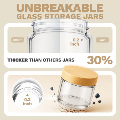 Bumobum 2 oz Small Glass Jars with Plastic Woodgrain Lids, 24 Pack Clear Glass Cosmetic Jars with Inner Liners, 60ml Refillable Empty Sample Containers for Cream, Salve, Powders and Lotion Storage