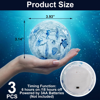 3PCS Summer Decorative Lights, 3.93 Inch Summer Desktop Decoration LED Night Light, Christmas Gift, Birthday Gift, Cracked Glass Ball Light with Timer, Desktop Decoration (Turtle)