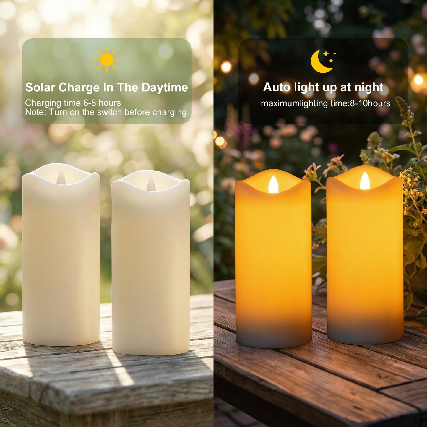 Large Solar Candle Lights Outdoor,Flameless Pillar IP65 Waterproof White Fake Candle,Dusk to Dawn,Solar Powered LED Candles for Patio Yard Deck Window Decor,Mothers Day Gifts,3"x6",Set of 2