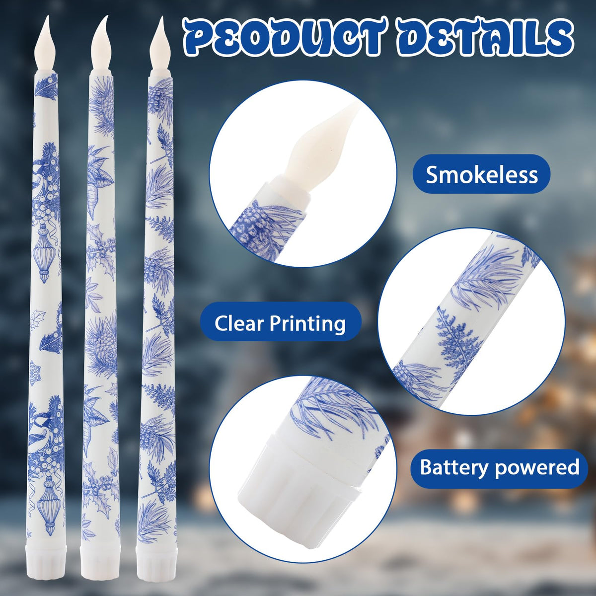 Kittmip 6 Pcs Christmas Blue White Flameless Taper Candles 11 Inch Chinoiserie Battery Operated LED Candlestick Holly Mistletoe Floral Table Centerpiece for Xmas Winter Holiday Party Decoration