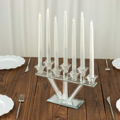 Efavormart 12" Crystal Glass Candelabra with Crystal Filler, 7-Branch Taper Candle Stick Holder Stand with Mirror Rectangular Base