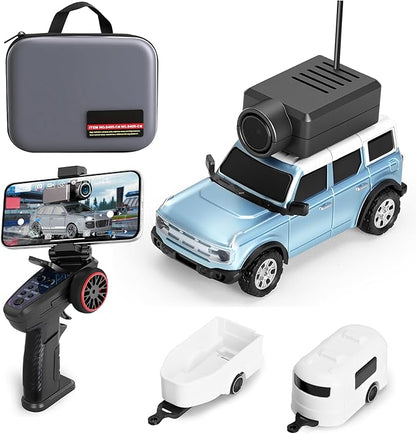 GoolRC WLtoys 6405-C Mini RC Car 2.4GHz 1:64 Scale FPV Remote Control Car with Camera 720P and Gyro APP Control Vehicle with 2 Trailers and LED Lights for Adults (Blue)