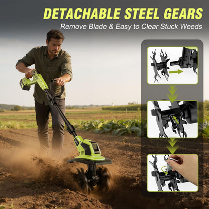 Cordless Tiller Cultivator, 21V Lightweight Tiller for Gardening with 2 * Batteries, Brushless Electric Tiller with 48 Steel Tines, 400RPM, 9.5" Tilling Width, 7" Depth for Gardening、Soil Turning