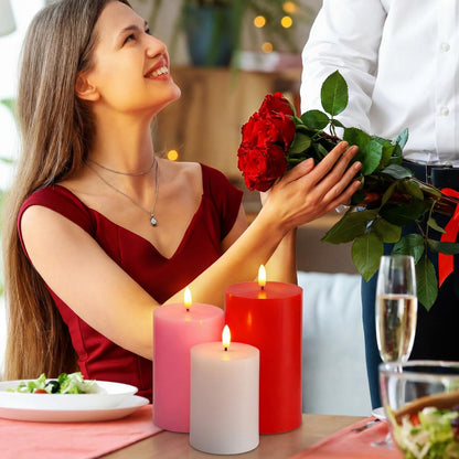 Grinsvalley 3 Pcs Mother's Day Flameless Candles Battery Operated Wax LED Flickering Flameless Pillar Candles with Remote for Home Table Dating Wedding Party Decor