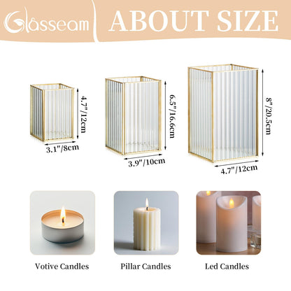 Glasseam Hurricane Glass Candle Holder: Ribbed Gold Pillar Candle Holders Set of 3 Square Metal Candle Holders for Table Centerpiece Modern Small Lanterns Decorative Indoor for Christmas Wedding Decor