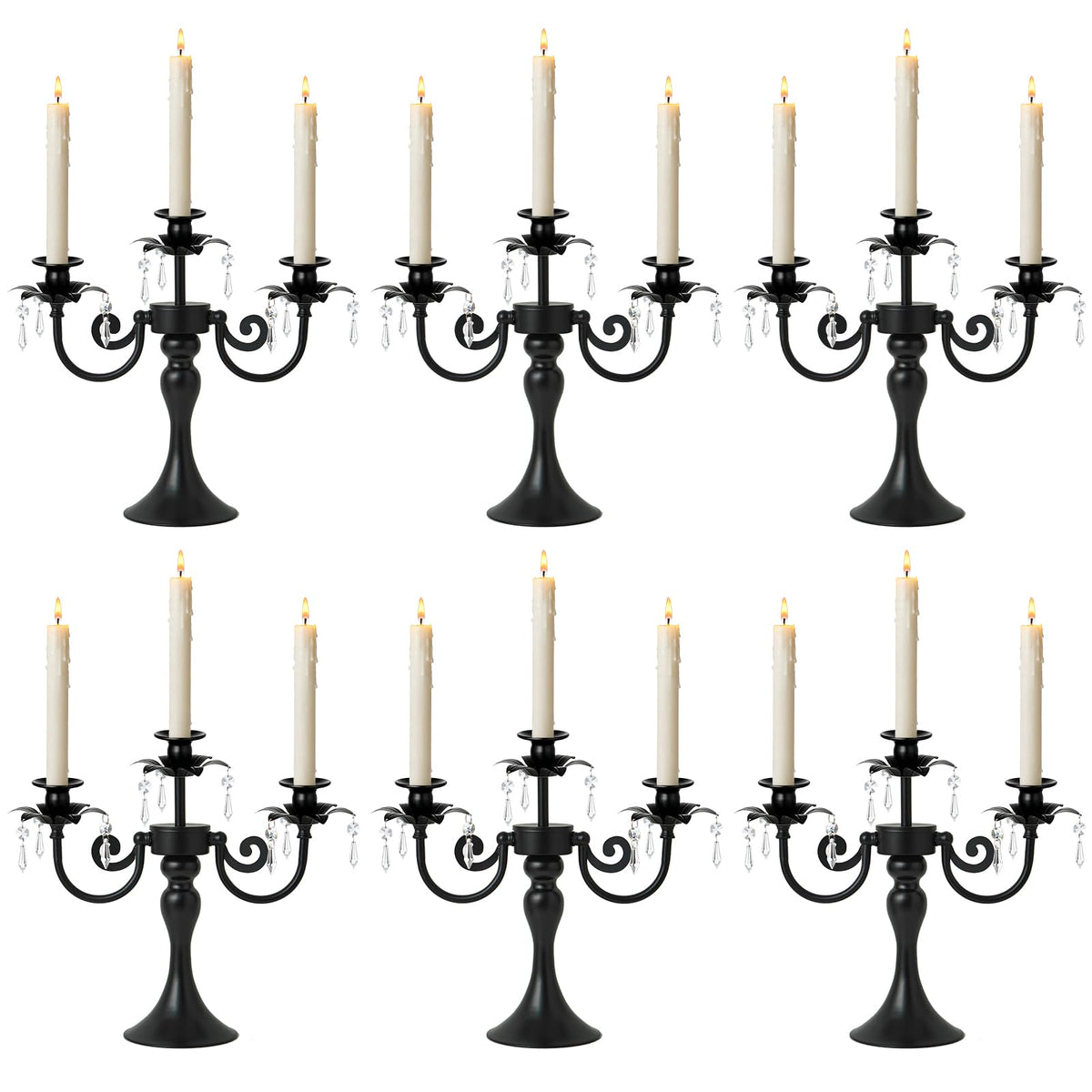 KEHAIL Metal 3 Arm Candelabra with Crystal Pendants - 11.8 Inch Tall Candle Holders, Set of 2 - Elegant Taper Candlestick Stand for Wedding, Dining Table, Christmas Party Home Decoration (6, Black)