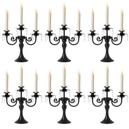 KEHAIL Metal 3 Arm Candelabra with Crystal Pendants - 11.8 Inch Tall Candle Holders, Set of 2 - Elegant Taper Candlestick Stand for Wedding, Dining Table, Christmas Party Home Decoration (6, Black)