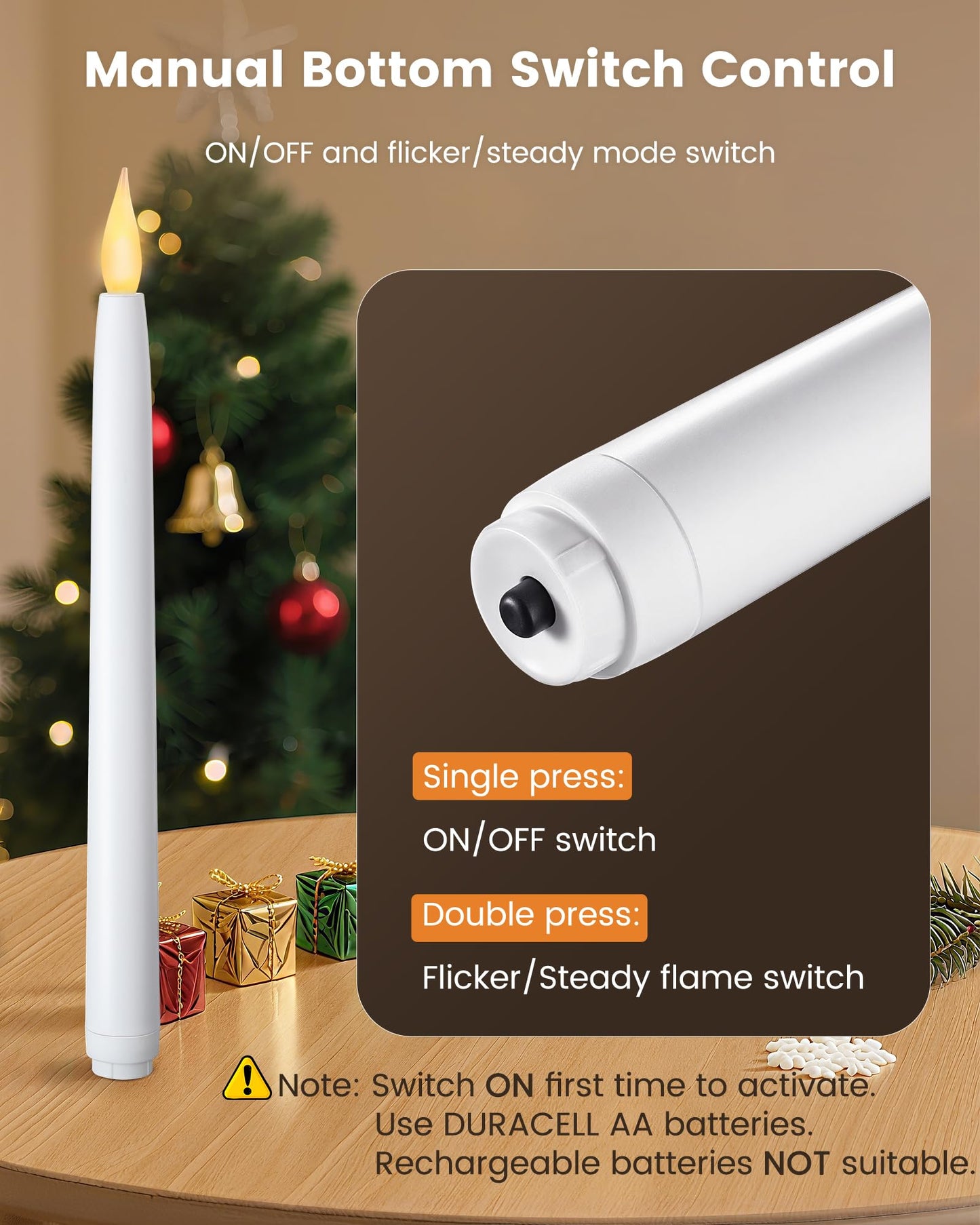 SURAIELEC 10.5'' Battery Window Taper Candles with Timer, 3000K Warm White, Flameless LED Candle for Christmas Window, Mantel, Dining Table, Gloss Gold, 4 Pack (Rechargeable Battery Not Compatible)