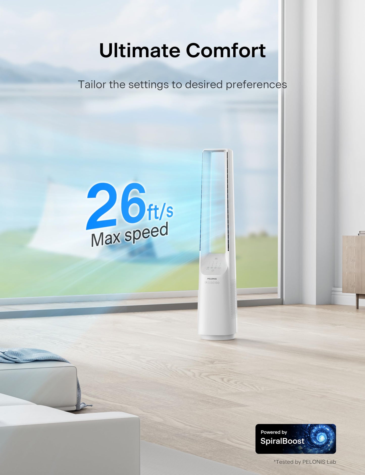 PELONIS Bladeless Tower Fan with 26-33ft Powerful Airflow, Alexa and Google Compatible, 6-Speed Settings, Quiet DC Motor, 120° Oscillation, 7-Hour Timer - Ideal for for Bedroom Home Office Use,White