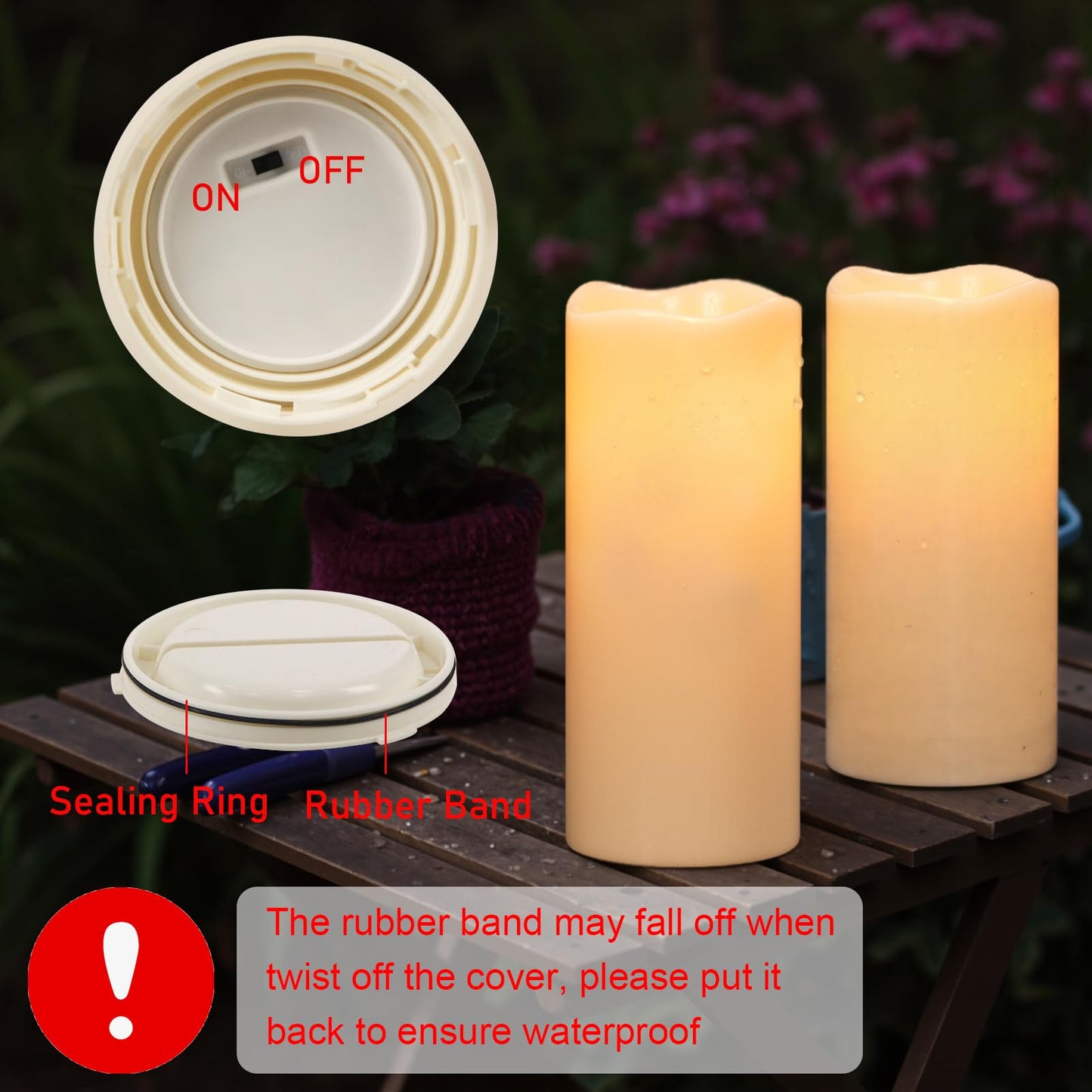 Wondise Solar Powered Flameless Candles IP65 Outdoor Waterproof Rechargeable LED Candles Battery Operated Dusk to Dawn Plastic for Camping Patio Porch Lanterns(2 Pack, 4" D x 8" H x 10" H)