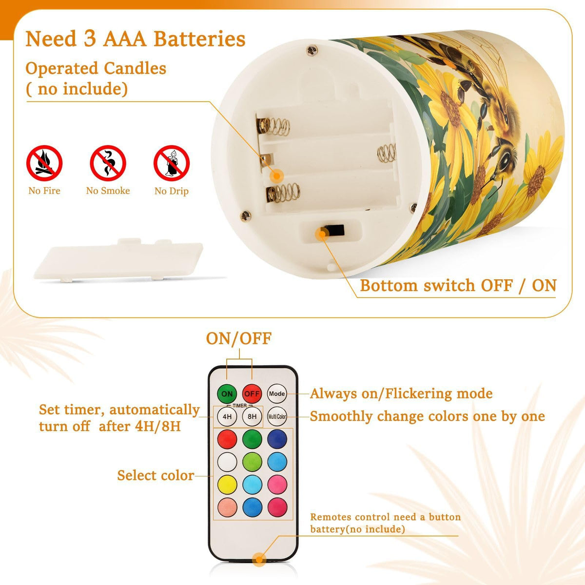ALAZA Honey Bee Sunflower Flameless Candles Flickering LED Candles with Remote Timer Battery Operated Pillar Candles Set of 2 for Dinner Holiday Decor