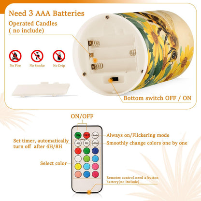 ALAZA Honey Bee Sunflower Flameless Candles Flickering LED Candles with Remote Timer Battery Operated Pillar Candles Set of 2 for Dinner Holiday Decor