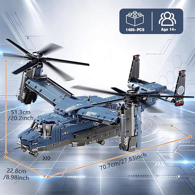 Military Helicopter Building Kit Fighter Jet V-22 Osprey Airplane Sets -1486 PCS Army Rescue Aircraft Model Toys Birthday Gifts for Adults Men Teens Boys 8-12 14+